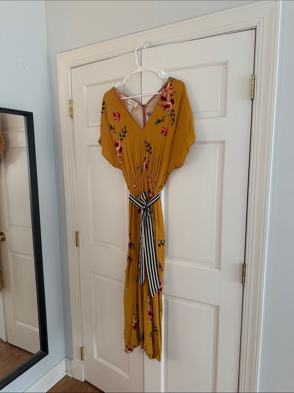 Anthropologie Mustard Floral V-Neck wideleg jumpsuit with Stripe Tie